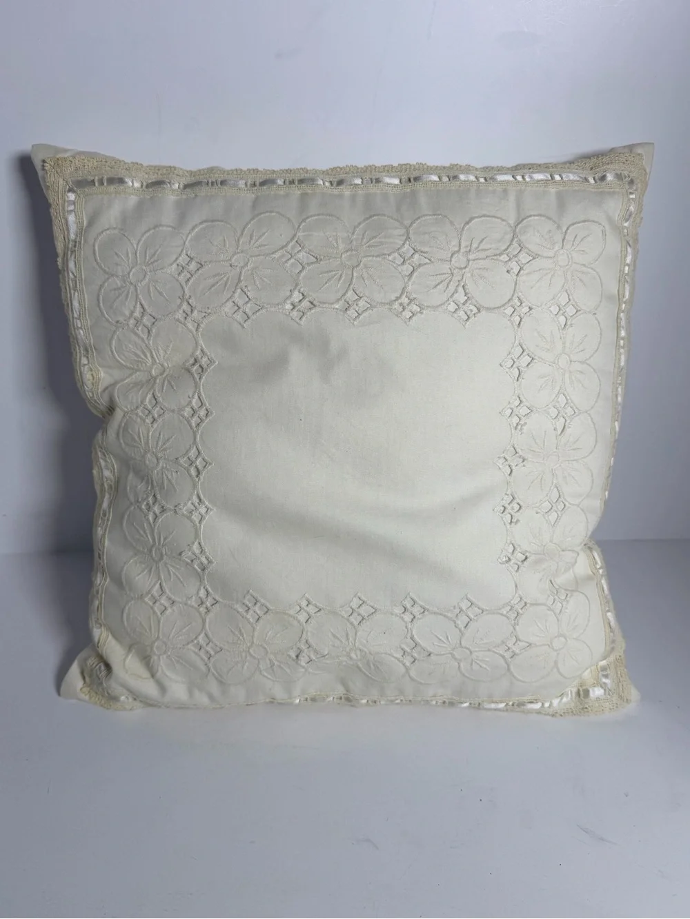 Vintage Ivory Battenburg Lace & Hand Embroidered Pillow 15” x 15” Cottagecore